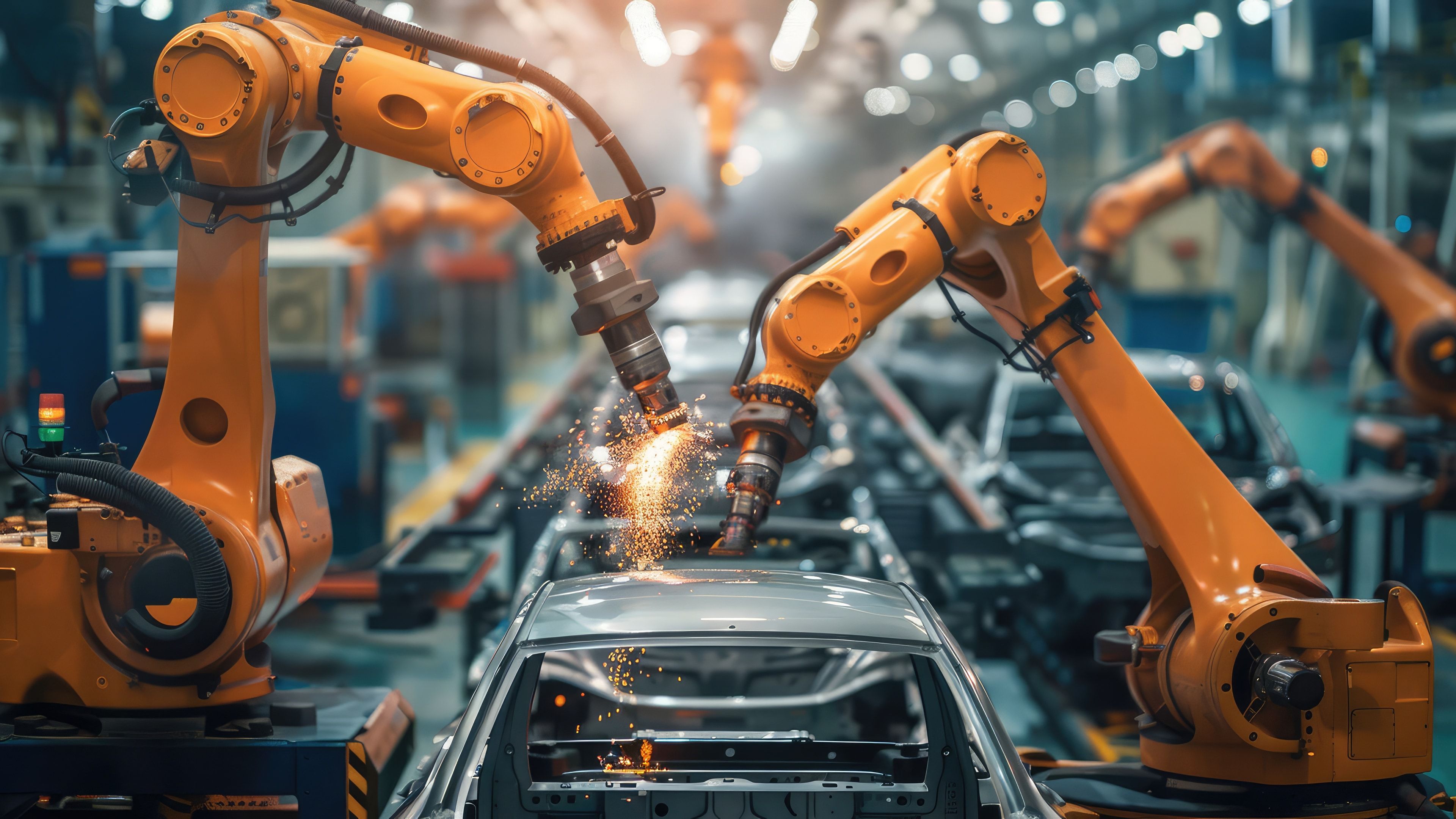 Línea de fabricación de automóviles con brazos robóticos